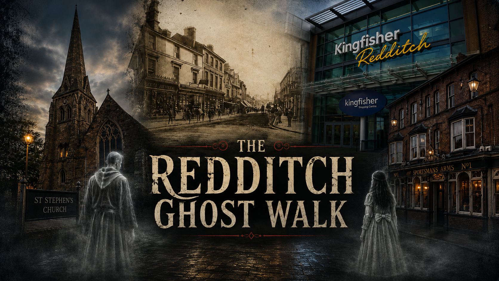 A misty Victorian Redditch street at dusk, with the ghostly figures of a monk near St Stephen's Church and a girl outside the Sportsman's Arms, and the modern Kingfisher Shopping Centre standing over the old high street.